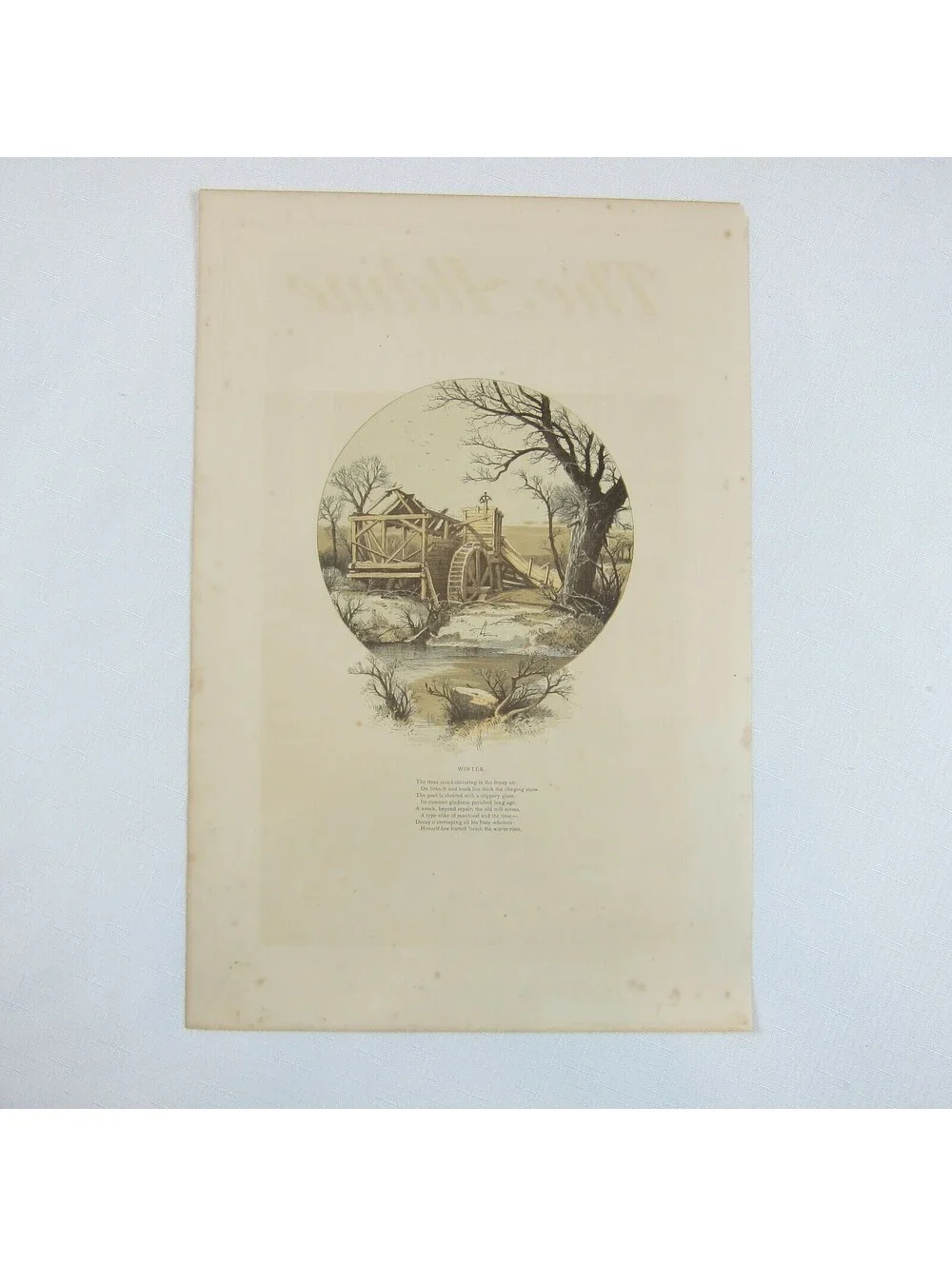 Antique 1870s Engraving Print from The Aldine Old Mill in Winter Scene & Poem